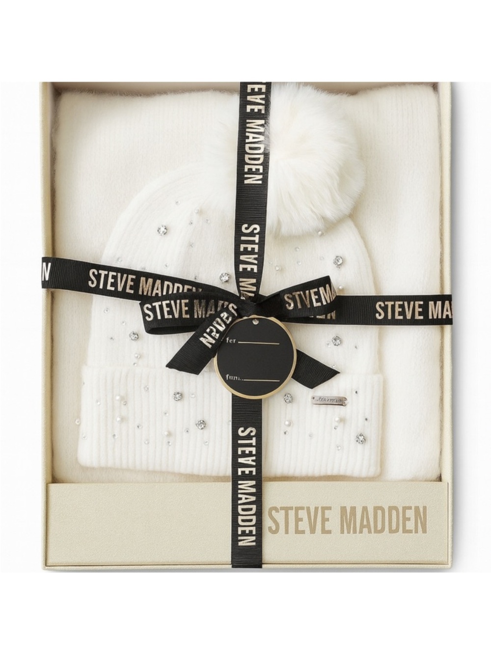 Steve Madden Ivory 2 Piece Pearls Jewels Beanie Scarf Gift Set Rhinestones Glam